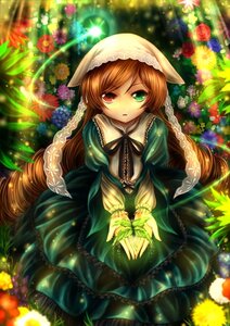 Rating: Safe Score: 0 Tags: 1girl blurry brown_hair dress drill_hair flower frills green_dress green_eyes hat heterochromia image long_hair long_sleeves looking_at_viewer red_eyes solo suiseiseki very_long_hair watering_can User: admin