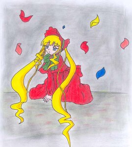 Rating: Safe Score: 0 Tags: 1girl blonde_hair blue_eyes bonnet bow bowtie dress flower green_bow green_neckwear image long_hair long_sleeves looking_at_viewer petals red_dress rose_petals shinku sitting solo twintails very_long_hair User: admin