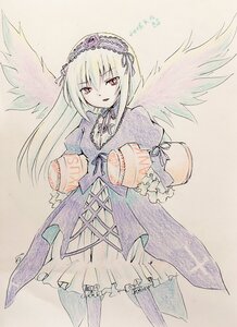 Rating: Safe Score: 0 Tags: 1girl black_wings boots dress feathered_wings feathers frills hairband holding image long_hair long_sleeves looking_at_viewer rose solo suigintou traditional_media wings User: admin