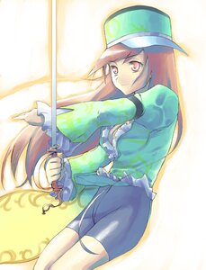 Rating: Safe Score: 0 Tags: 1girl bike_shorts frills hat image long_hair long_sleeves red_eyes solo suiseiseki sword weapon User: admin