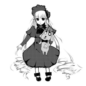 Rating: Safe Score: 0 Tags: 1girl bow dress full_body greyscale image long_hair long_sleeves looking_at_viewer monochrome shinku solo standing stuffed_animal very_long_hair User: admin
