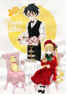 Rating: Safe Score: 0 Tags: 1boy 1girl black_hair blonde_hair blue_eyes bonnet bow bowtie cake cup dress food glasses green_bow green_neckwear image long_hair long_sleeves looking_at_viewer plate shinku sitting solo standing table teacup User: admin