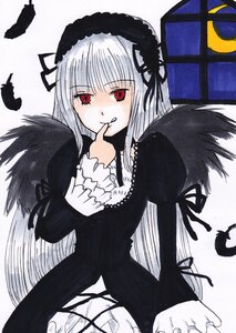 Rating: Safe Score: 0 Tags: 1girl black_ribbon black_wings dress feathers finger_to_mouth frills hairband image long_hair long_sleeves looking_at_viewer red_eyes rose silver_hair simple_background solo suigintou very_long_hair white_background wings User: admin