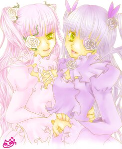 Rating: Safe Score: 0 Tags: 2girls barasuishou dress eyepatch flower frills hair_flower hair_ornament image kirakishou long_hair multiple_girls pair pink_flower pink_rose purple_rose rose smile white_flower white_rose User: admin