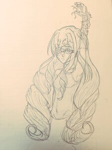 Rating: Safe Score: 0 Tags: 1girl bare_shoulders breasts elbow_gloves hair_between_eyes image kirakishou long_hair mask monochrome sketch solo traditional_media very_long_hair User: admin