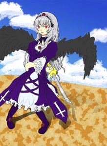 Rating: Safe Score: 0 Tags: 1girl black_wings cloud day dress flower frills hairband image long_hair red_eyes rose silver_hair sky solo suigintou sword weapon wings User: admin