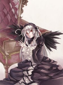 Rating: Safe Score: 0 Tags: 1girl black_dress black_wings dress frilled_sleeves frills hairband image lolita_fashion long_hair long_sleeves looking_at_viewer red_eyes rose silver_hair sitting solo suigintou wings User: admin