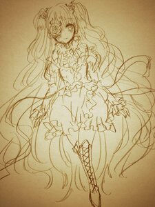 Rating: Safe Score: 0 Tags: 1girl boots bow cross-laced_footwear detached_sleeves dress frills hair_ornament hatsune_miku image kirakishou knee_boots long_hair monochrome sketch solo thighhighs traditional_media twintails very_long_hair User: admin