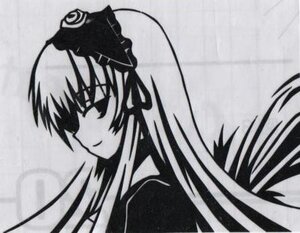 Rating: Safe Score: 0 Tags: 1girl from_side hat image long_hair monochrome profile simple_background smile solo suigintou upper_body User: admin