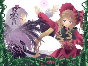 Rating: Safe Score: 0 Tags: 2girls blonde_hair blue_eyes blush bonnet bow dress flower hairband image lolita_fashion long_hair long_sleeves multiple_girls pair plant red_dress rose shinku silver_hair sitting suigintou vines User: admin