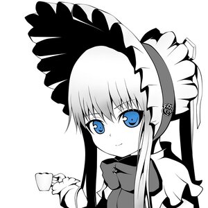 Rating: Safe Score: 0 Tags: 1girl blue_eyes cup frills holding holding_cup image long_hair looking_at_viewer monochrome shinku sidelocks simple_background smile solo striped teacup white_background User: admin