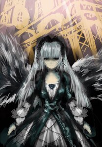 Rating: Safe Score: 0 Tags: 1girl black_wings closed_mouth dress feathers flower frills hairband image long_hair long_sleeves looking_at_viewer red_eyes ribbon rose silver_hair solo suigintou very_long_hair wings User: admin