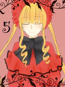 Rating: Safe Score: 0 Tags: 1girl blonde_hair bonnet closed_eyes dress drill_hair flower image long_hair red_rose rose shinku simple_background smile solo twintails upper_body vines User: admin