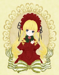 Rating: Safe Score: 0 Tags: 1girl blonde_hair blue_eyes bonnet bow bowtie dress flower image long_hair long_sleeves looking_at_viewer red_dress rose shinku simple_background sitting solo twintails very_long_hair yellow_background User: admin