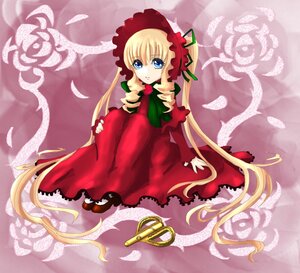 Rating: Safe Score: 0 Tags: 1girl blonde_hair blue_eyes bonnet bow bowtie capelet dress flower full_body green_bow image long_hair long_sleeves looking_at_viewer red_dress rose shinku sitting solo twintails very_long_hair User: admin