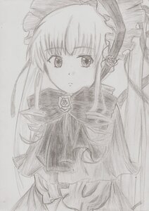 Rating: Safe Score: 0 Tags: 1girl blush bonnet dress flower greyscale image long_hair looking_at_viewer monochrome rose shinku simple_background solo traditional_media twintails upper_body white_background User: admin