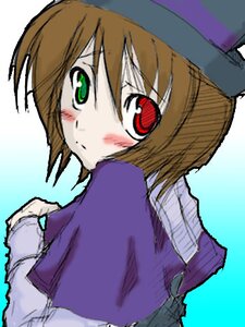 Rating: Safe Score: 0 Tags: 1girl blush brown_hair green_eyes hat heterochromia image long_sleeves looking_at_viewer looking_back red_eyes short_hair simple_background solo souseiseki upper_body User: admin