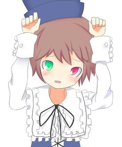Rating: Safe Score: 0 Tags: blush brown_hair dress frills green_eyes hat heterochromia image long_sleeves looking_at_viewer neck_ribbon red_eyes ribbon simple_background solo souseiseki striped striped_background suiseiseki vertical_stripes white_background User: admin