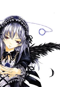 Rating: Safe Score: 0 Tags: 1girl black_ribbon black_wings detached_collar dress feathers flower frills hairband image long_hair long_sleeves looking_at_viewer red_eyes ribbon rose silver_hair simple_background solo suigintou upper_body white_background wings User: admin