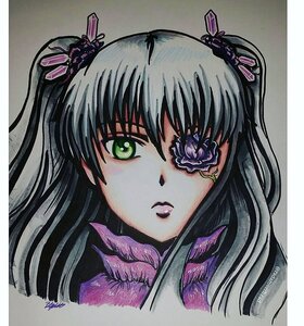 Rating: Safe Score: 0 Tags: 1girl artist_name barasuishou black_hair face green_eyes hair_ornament image long_hair looking_at_viewer portrait ribbon signature solo traditional_media two_side_up User: admin