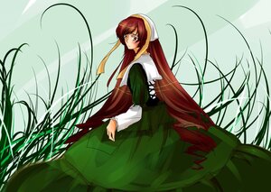 Rating: Safe Score: 0 Tags: 1girl auto_tagged blush brown_eyes brown_hair dress grass green_dress head_scarf image juliet_sleeves long_hair long_sleeves looking_at_viewer looking_back puffy_long_sleeves puffy_sleeves red_eyes solo suiseiseki very_long_hair User: admin