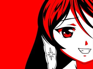 Rating: Safe Score: 0 Tags: 1girl black_hair close-up image looking_at_viewer portrait red_background red_eyes red_theme short_hair simple_background smile solo spot_color suiseiseki User: admin