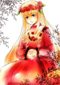 Rating: Safe Score: 0 Tags: 1girl blonde_hair blue_eyes dress flower image leaf long_hair long_sleeves own_hands_together plant red_dress red_flower red_rose rose shinku smile solo thorns vines User: admin