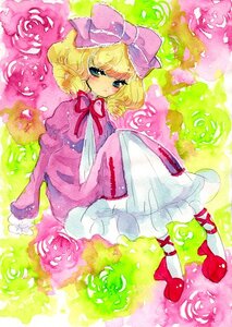 Rating: Safe Score: 0 Tags: 1girl blonde_hair bow dress flower frills hair_bow hina_ichigo hinaichigo image long_sleeves looking_at_viewer pink_bow puffy_sleeves red_footwear ribbon shoes short_hair sitting solo traditional_media white_legwear User: admin