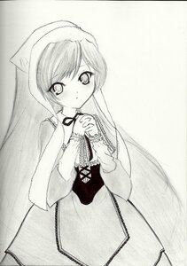 Rating: Safe Score: 0 Tags: 1girl bangs blush dress eyebrows_visible_through_hair greyscale image long_sleeves looking_at_viewer monochrome own_hands_together simple_background solo standing suiseiseki User: admin