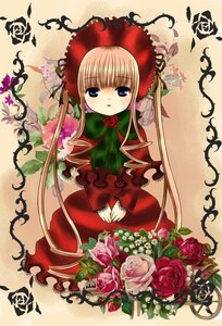 Rating: Safe Score: 0 Tags: 1girl blonde_hair blue_eyes bonnet bow bowtie capelet dress flower green_bow image long_hair long_sleeves looking_at_viewer pink_flower pink_rose red_dress red_flower red_rose rose shinku solo thorns twintails vines yellow_background User: admin