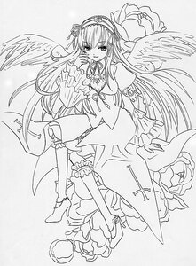 Rating: Safe Score: 0 Tags: 1girl dress flower frills full_body greyscale hairband image leg_garter long_hair long_sleeves looking_at_viewer monochrome ribbon rose solo suigintou traditional_media very_long_hair wings User: admin