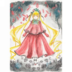 Rating: Safe Score: 0 Tags: 1girl blonde_hair bow closed_eyes dress flower image long_hair marker_(medium) petals red_dress rose rose_petals shinku smile solo standing traditional_media twintails very_long_hair watercolor_(medium) User: admin