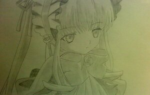 Rating: Safe Score: 0 Tags: 1girl dress flower image long_hair looking_at_viewer monochrome rose shinku simple_background solo traditional_media User: admin