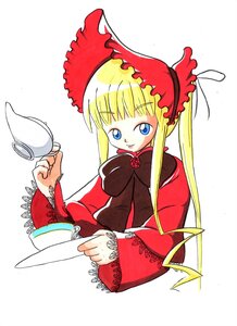 Rating: Safe Score: 0 Tags: 1girl bangs blonde_hair blue_eyes bonnet bow cup dress flower holding_cup image long_hair long_sleeves looking_at_viewer red_dress rose saucer shinku sidelocks simple_background solo table tea teacup twintails white_background User: admin