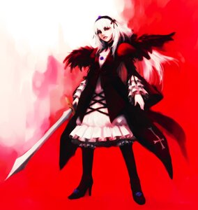 Rating: Safe Score: 0 Tags: 1girl boots commentary_request dress flower frills hairband high_heels highres hironox holding image long_hair long_sleeves photoshop_(medium) puffy_sleeves red_eyes rose rozen_maiden shoes silver_hair solo standing suigintou sword thighhighs weapon white_hair wings User: admin
