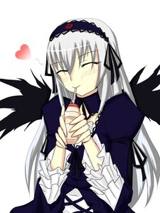 Rating: Safe Score: 0 Tags: 1girl black_wings blush closed_eyes dress frilled_sleeves frills hairband heart image long_hair long_sleeves silver_hair simple_background solo suigintou upper_body white_background wings User: admin