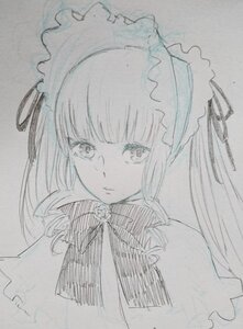 Rating: Safe Score: 0 Tags: 1girl bangs blunt_bangs closed_mouth eyebrows_visible_through_hair frilled_hairband hair_ribbon image long_hair looking_at_viewer maid_headdress monochrome ribbon shinku simple_background solo traditional_media twintails upper_body User: admin