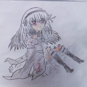 Rating: Safe Score: 0 Tags: 1girl boots dress frills full_body image long_hair long_sleeves looking_at_viewer simple_background smile solo suigintou traditional_media wings User: admin