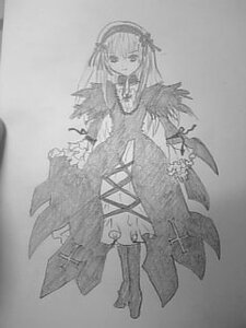 Rating: Safe Score: 0 Tags: 1girl auto_tagged boots dress full_body greyscale image long_hair long_sleeves looking_at_viewer monochrome sketch solo standing suigintou User: admin