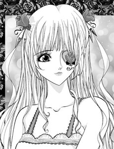 Rating: Safe Score: 0 Tags: 1girl barasuishou bare_shoulders collarbone eyepatch flower greyscale image long_hair looking_at_viewer monochrome ribbon rose solo upper_body User: admin