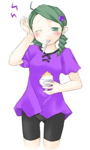 Rating: Safe Score: 0 Tags: 1girl ahoge bike_shorts blush cowboy_shot eating flower food green_eyes green_hair hair_ornament image kanaria musical_note one_eye_closed shirt short_sleeves simple_background solo standing t-shirt white_background User: admin