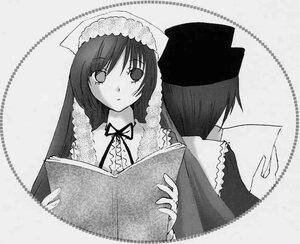 Rating: Safe Score: 0 Tags: blush greyscale hat image long_hair long_sleeves looking_at_viewer monochrome multiple_girls pair ribbon simple_background souseiseki suiseiseki upper_body User: admin