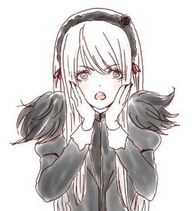 Rating: Safe Score: 0 Tags: 1girl bangs blush eyebrows_visible_through_hair flower hairband hands_on_own_face image juliet_sleeves long_hair long_sleeves looking_at_viewer open_mouth solo striped suigintou upper_body white_background User: admin