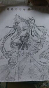 Rating: Safe Score: 0 Tags: 1girl dress drill_hair frills greyscale image long_hair long_sleeves looking_at_viewer monochrome shinku solo traditional_media very_long_hair User: admin