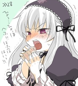 Rating: Safe Score: 0 Tags: 1girl blush dress eating food frilled_sleeves frills hairband image juliet_sleeves lolita_hairband long_hair long_sleeves nose_blush open_mouth pink_eyes puffy_sleeves rose sexually_suggestive silver_hair simple_background solo suigintou tongue trembling upper_body white_background wings User: admin