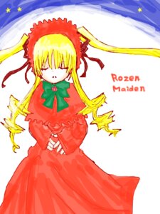 Rating: Safe Score: 0 Tags: 1girl blonde_hair bonnet bow bowtie capelet closed_eyes dress green_neckwear image long_hair long_sleeves red_dress shinku solo standing star_(symbol) white_background User: admin