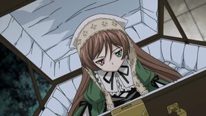 Rating: Safe Score: 0 Tags: 1girl brown_hair dress frills green_eyes head_scarf heterochromia image long_hair long_sleeves looking_at_viewer red_eyes ribbon solo suiseiseki User: admin