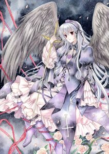 Rating: Safe Score: 0 Tags: 1girl black_wings boots dress feathered_wings flower frills hairband image long_hair long_sleeves pink_flower pink_rose purple_rose red_eyes ribbon rose silver_hair solo suigintou traditional_media weapon white_rose wings User: admin