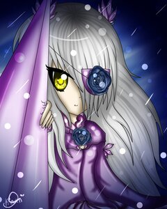 Rating: Safe Score: 0 Tags: 1girl barasuishou blue_flower blue_rose dress eyepatch flower image long_hair long_sleeves looking_at_viewer purple_flower purple_rose rain ribbon rose signature silver_hair solo umbrella yellow_eyes User: admin