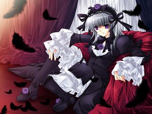 Rating: Safe Score: 0 Tags: 1girl black_dress black_feathers black_wings boots commentary_request dress feathers flower frills hairband image knee_boots long_hair long_sleeves looking_at_viewer purple_eyes rose rozen_maiden silver_hair sitting smile solo suigintou tama_two_(fukuya) wings User: admin